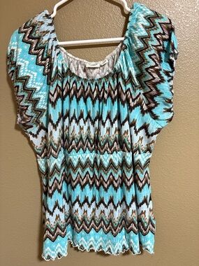 Cato Aqua and Brown Zigzag Short Cap Style Sleeve Tunic Sz: 18-20W